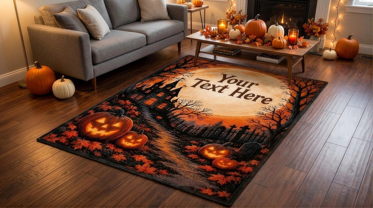 Personalized Halloween Rug Custom Name Rug Spooky Haunted House Pumpkin Carpet Custom Text Fall Decor Halloween Gift