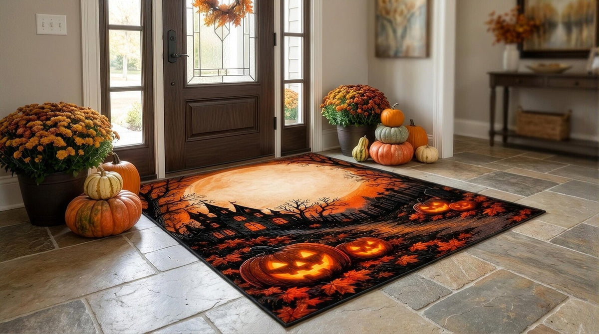 Personalized Halloween Rug Custom Name Rug Spooky Haunted House Pumpkin Carpet Custom Text Fall Decor Halloween Gift