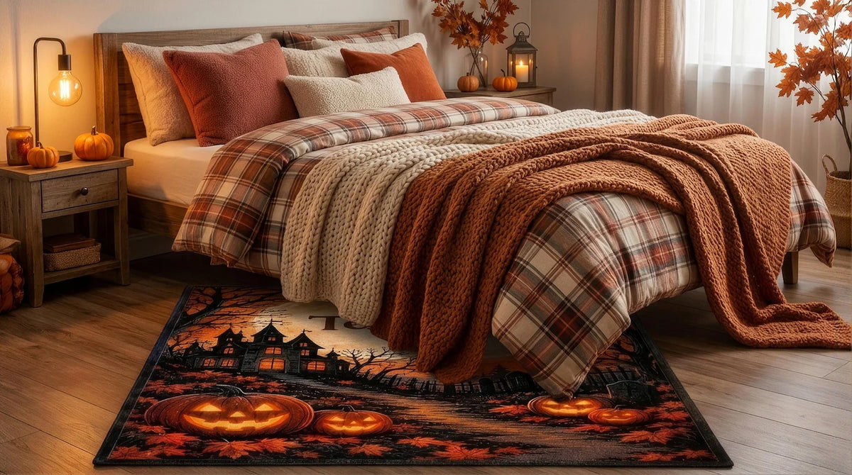 Personalized Halloween Rug Custom Name Rug Spooky Haunted House Pumpkin Carpet Custom Text Fall Decor Halloween Gift