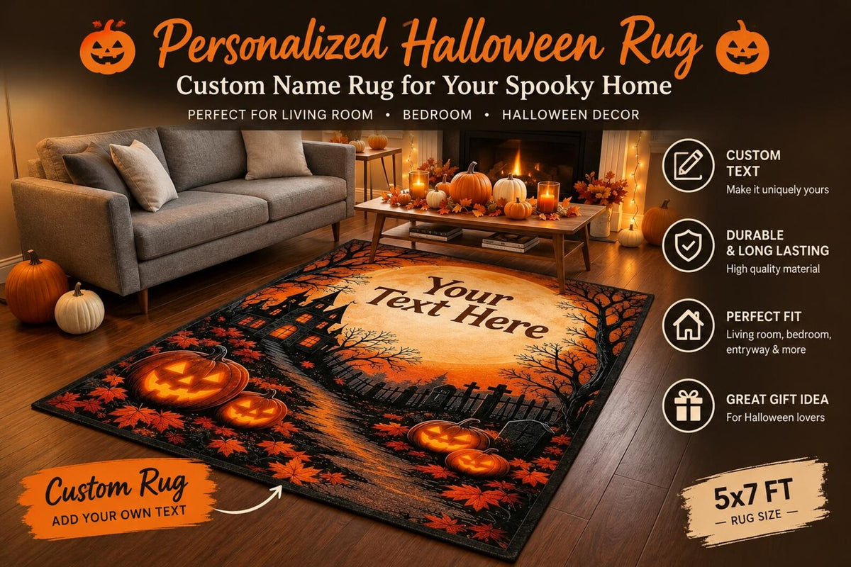 Personalized Halloween Rug Custom Name Rug Spooky Haunted House Pumpkin Carpet Custom Text Fall Decor Halloween Gift