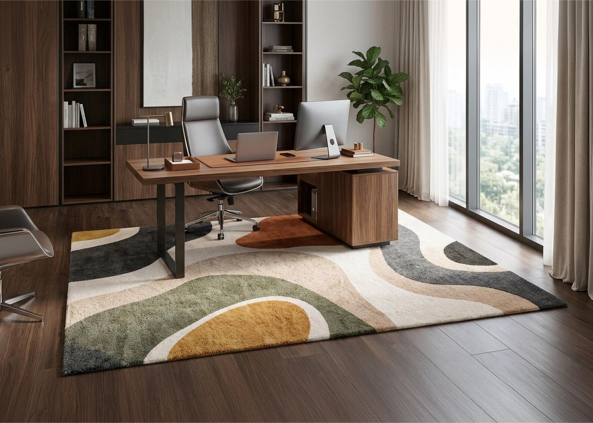 Modern Abstract Area Rug Neutral Geometric Carpet Boho Office Rug Contemporary Living Room Decor Earth Tone Statement Rug