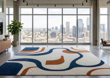 Modern Abstract Area Rug Navy Blue and Rust Orange Carpet Contemporary Geometric Rug Minimalist Living Room Decor Modern Office Rug