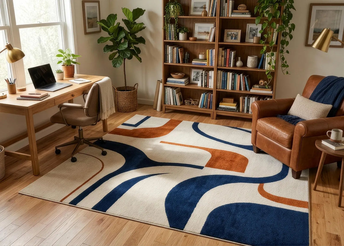 Modern Abstract Area Rug Navy Blue and Rust Orange Carpet Contemporary Geometric Rug Minimalist Living Room Decor Modern Office Rug
