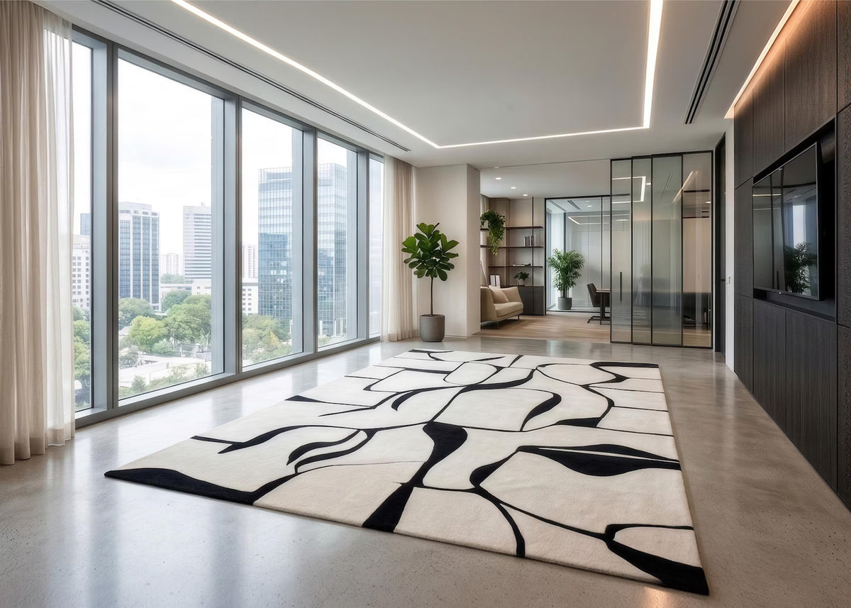 Non Slip Modern Abstract Black and White Area Rug Minimalist Geometric Carpet Contemporary Living Room Rug Neutral Office Decor