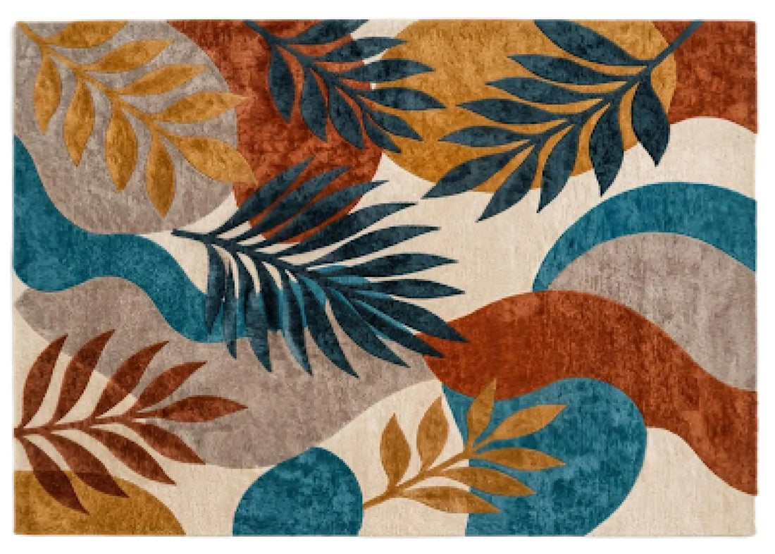 Colorful Abstract Botanical Area Rug Modern Leaf Pattern Carpet Boho Living Room Rug Teal Rust Gold Floral Rug Contemporary Home Decor