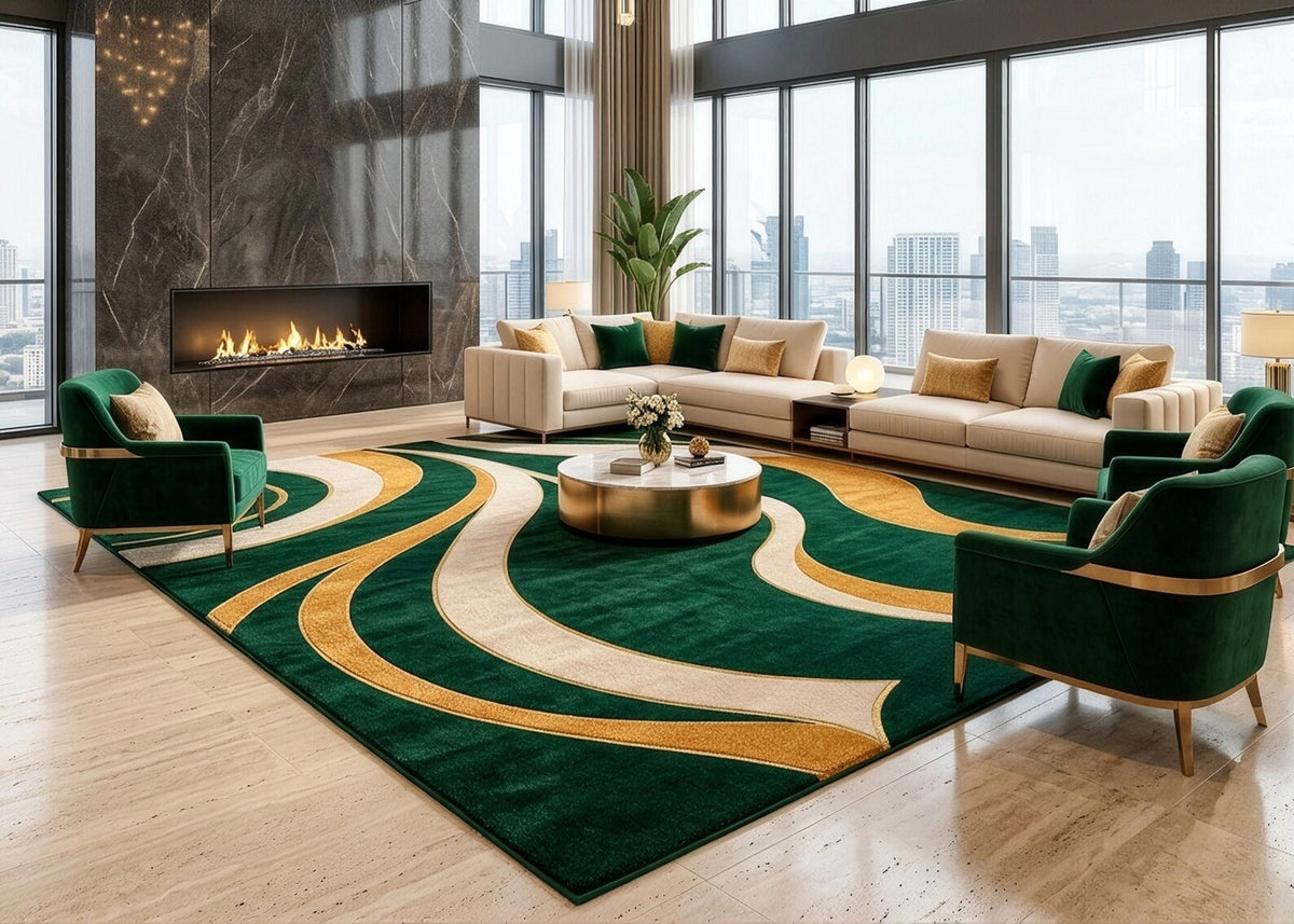 Emerald Green and Gold Abstract Rug Luxury Modern Area Rug Elegant Geometric Carpet Contemporary Living Room Decor