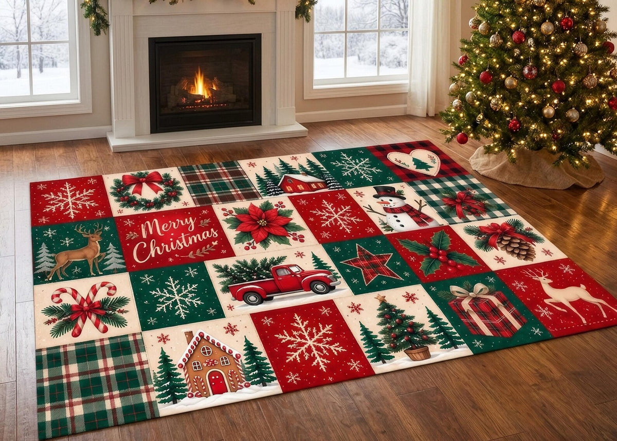 Christmas Area Rug Patchwork Rug with Reindeer Snowflakes Christmas Tree Classic Festive Design Cozy Holiday Decor for Living Room Bedroom