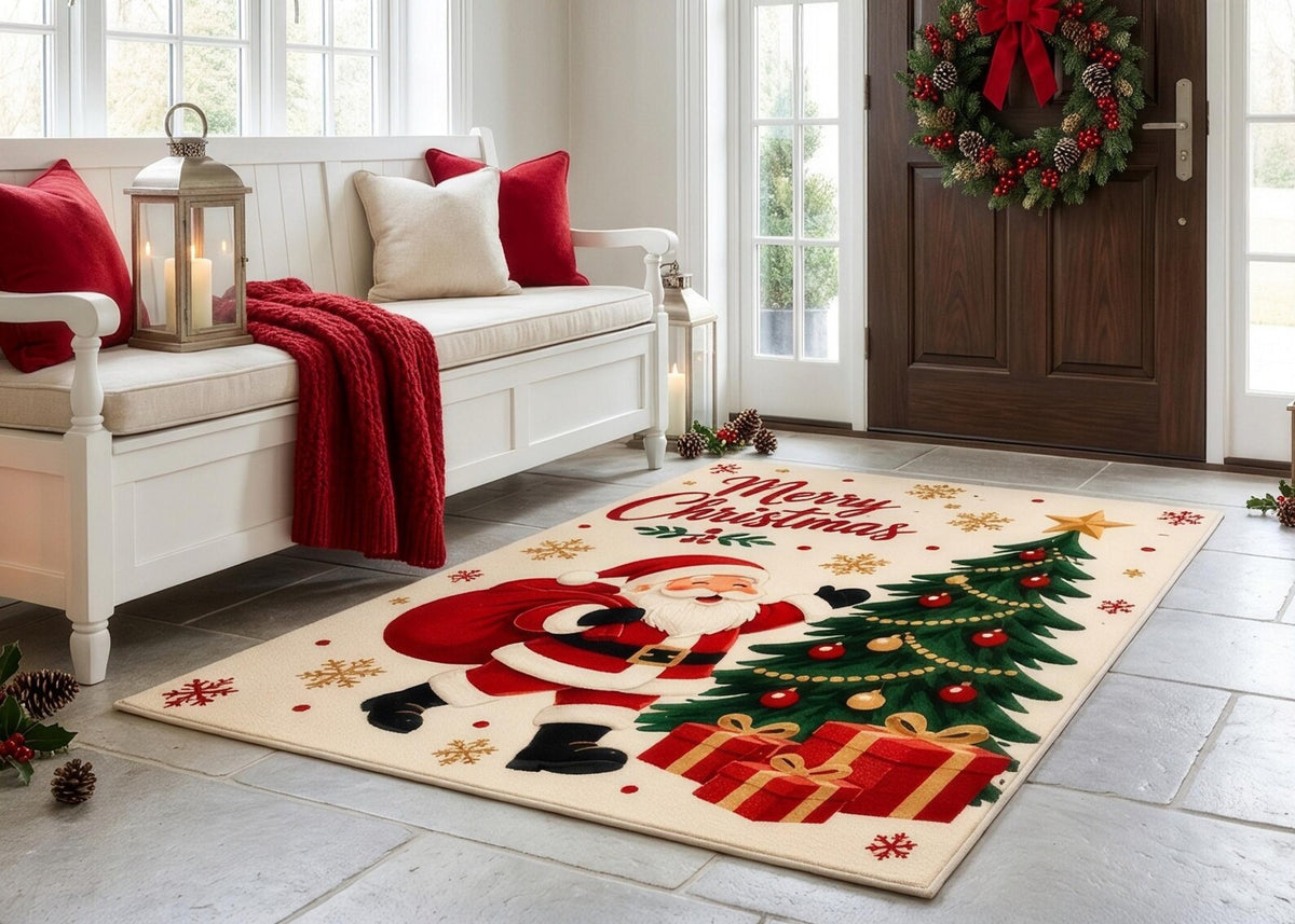 Christmas Santa Claus Rug Christmas Tree Area Rug Merry Christmas Holiday Carpet Festive Winter Home Decor Bedroom Living room Carpet