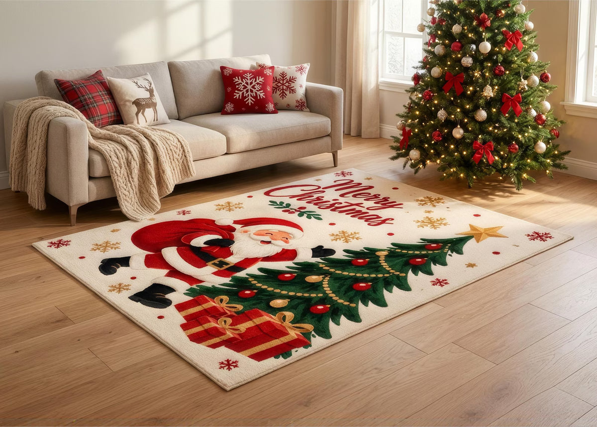 Christmas Santa Claus Rug Christmas Tree Area Rug Merry Christmas Holiday Carpet Festive Winter Home Decor Bedroom Living room Carpet