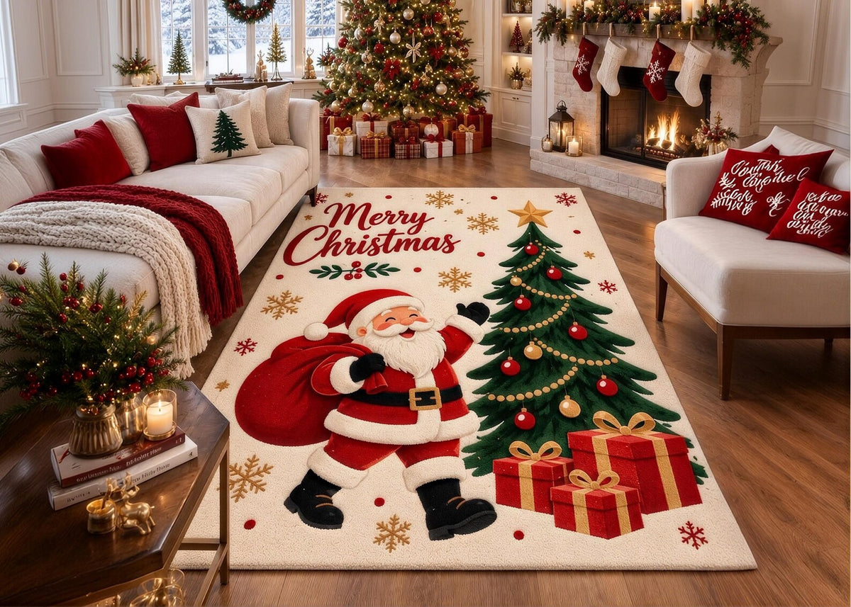 Christmas Santa Claus Rug Christmas Tree Area Rug Merry Christmas Holiday Carpet Festive Winter Home Decor Bedroom Living room Carpet