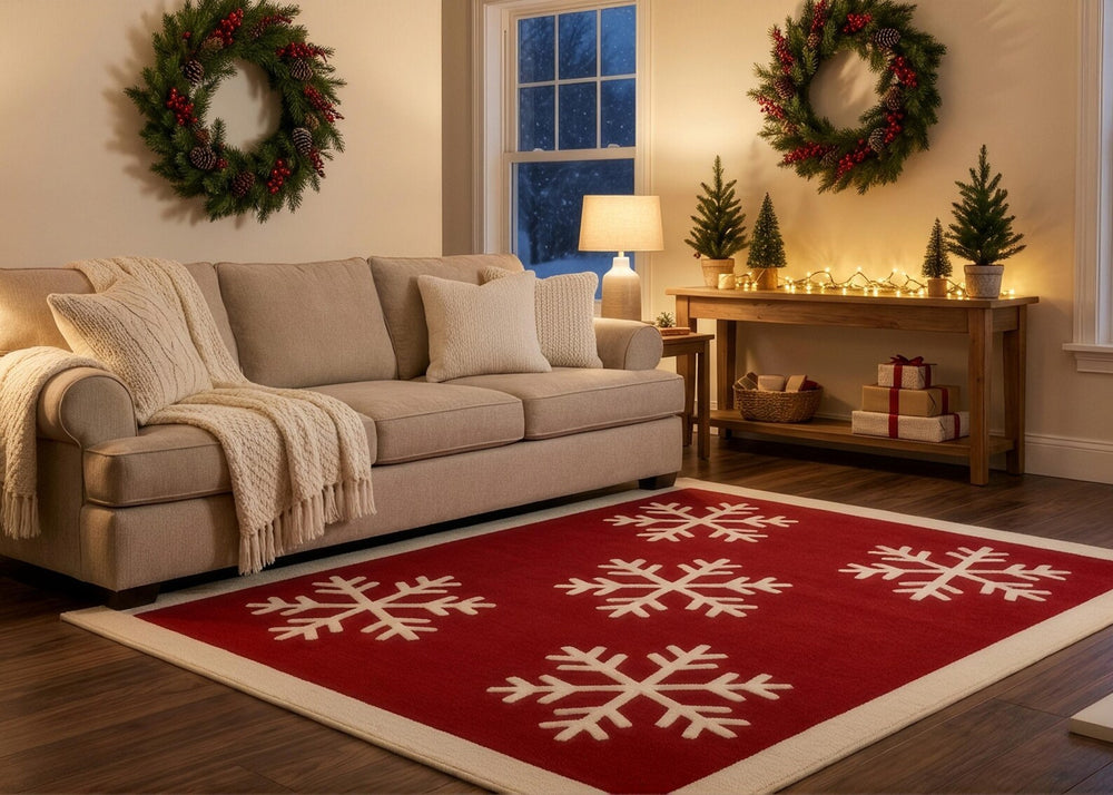 Red Christmas Snowflake Rug Winter Holiday Area Carpet Festive Living Room Decor Cozy Seasonal Home Decoration