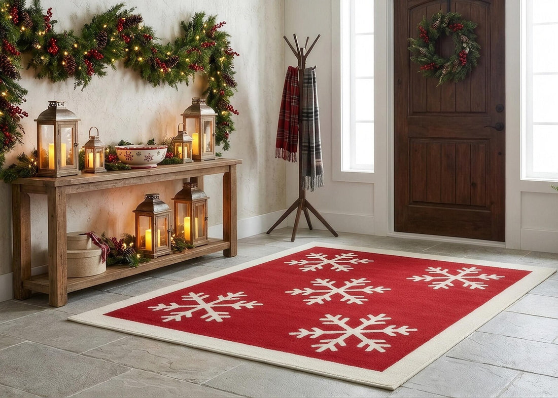Red Christmas Snowflake Rug Winter Holiday Area Carpet Festive Living Room Decor Cozy Seasonal Home Decoration