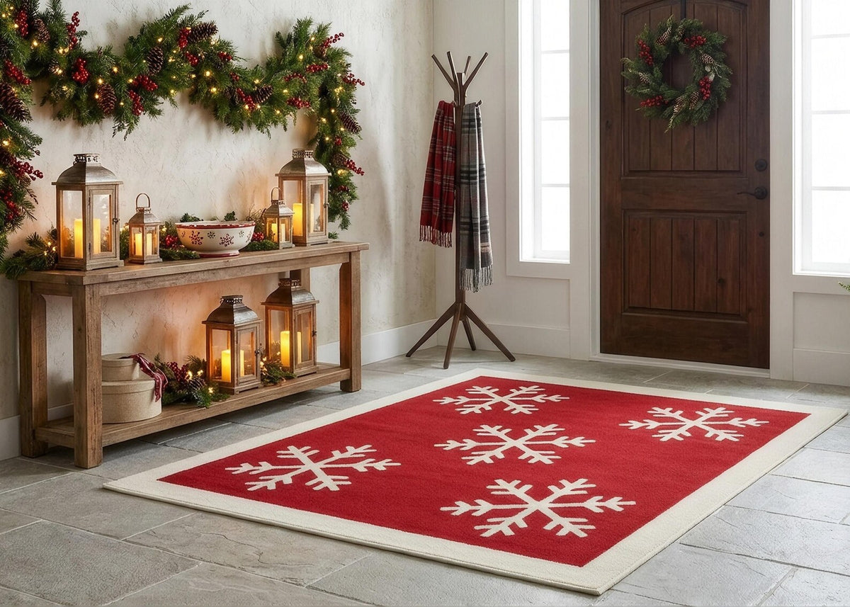 Red Christmas Snowflake Rug Winter Holiday Area Carpet Festive Living Room Decor Cozy Seasonal Home Decoration