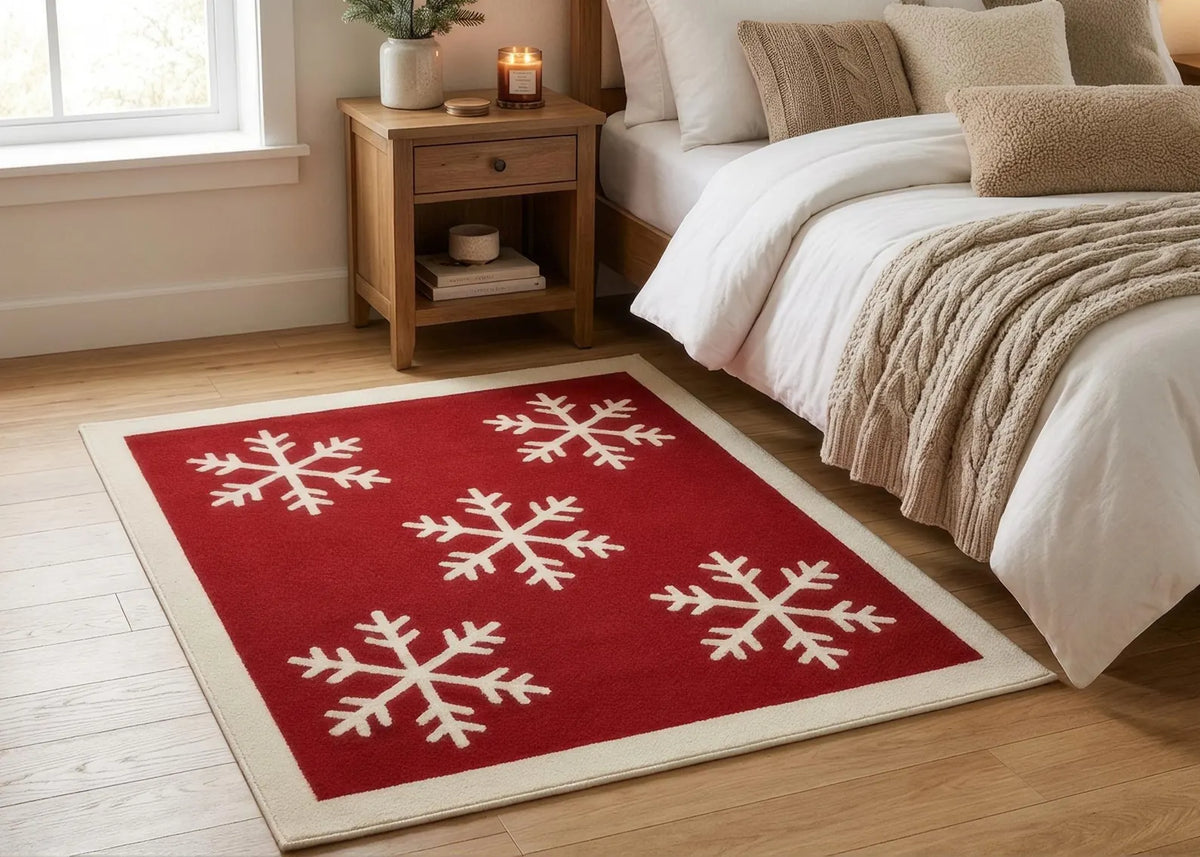 Red Christmas Snowflake Rug Winter Holiday Area Carpet Festive Living Room Decor Cozy Seasonal Home Decoration