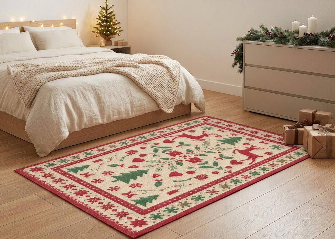 Vintage Christmas Area Rug Red Green Holiday Carpet Reindeer Snowflake Rug Festive Winter Bedroom Carpet Decor
