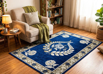 Royal Blue Floral Area Rug Vintage Boho Living Room Rug Non Slip Carpet with Cream Flowers Soft Cozy Bedroom Rug Gift for Her