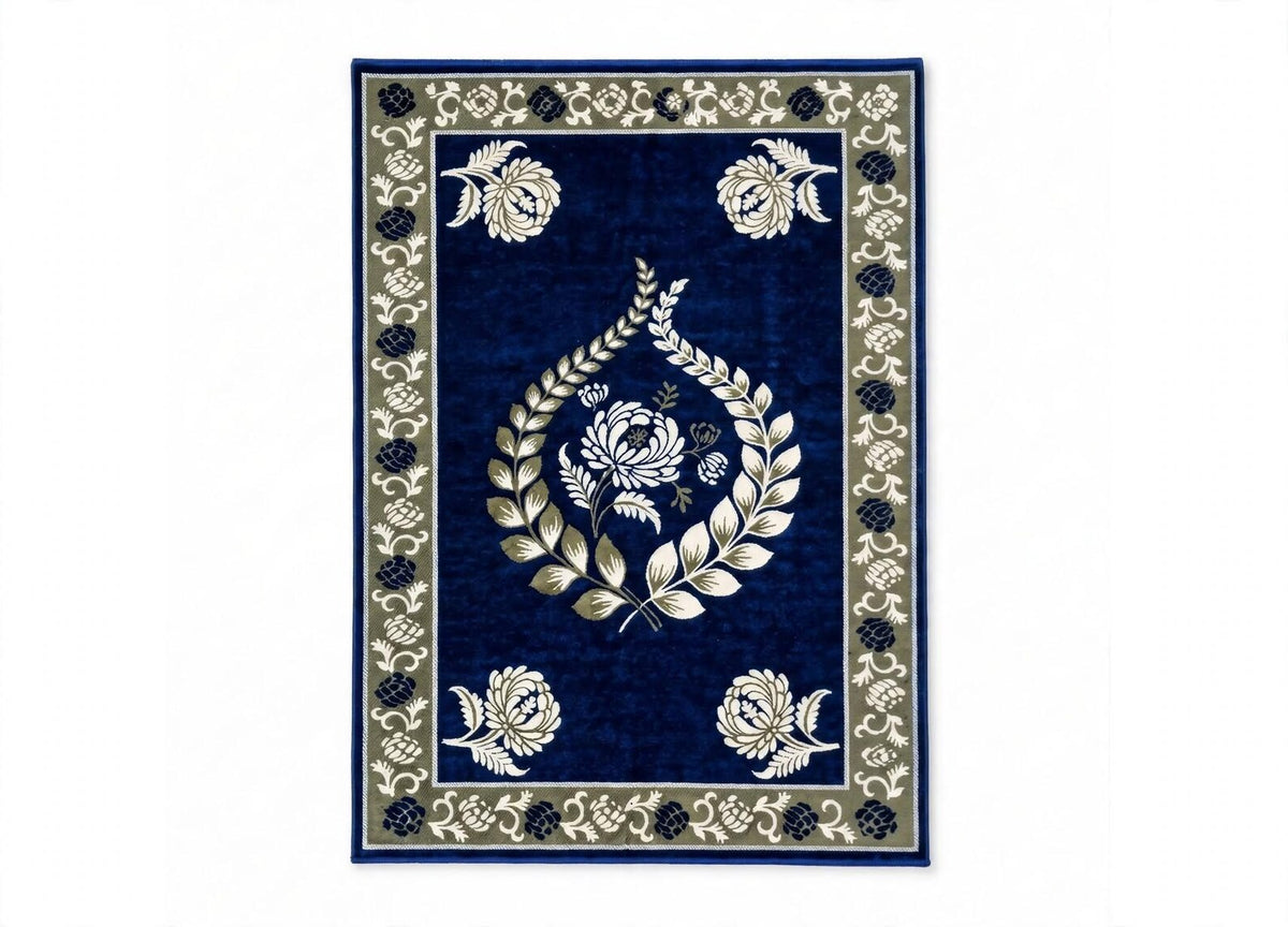 Royal Blue Floral Area Rug Vintage Boho Living Room Rug Non Slip Carpet with Cream Flowers Soft Cozy Bedroom Rug Gift for Her