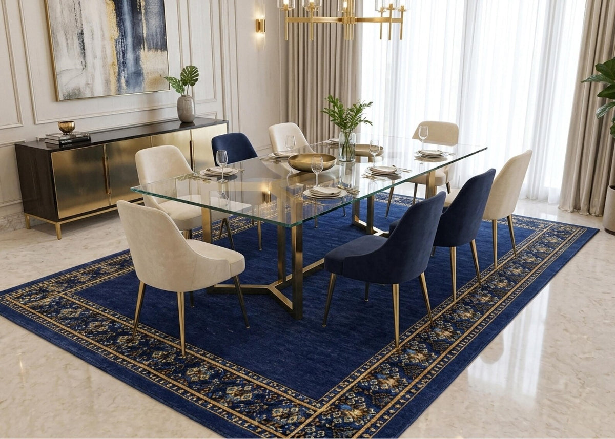 Luxury Navy Blue Area Rug with Gold Border Elegant Traditional Carpet for Living Room Entryway Hallway Handmade Style Rug Large Size