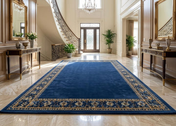 Luxury Navy Blue Area Rug with Gold Border Elegant Traditional Carpet for Living Room Entryway Hallway Handmade Style Rug Large Size