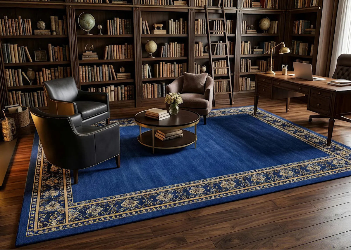 Luxury Navy Blue Area Rug with Gold Border Elegant Traditional Carpet for Living Room Entryway Hallway Handmade Style Rug Large Size