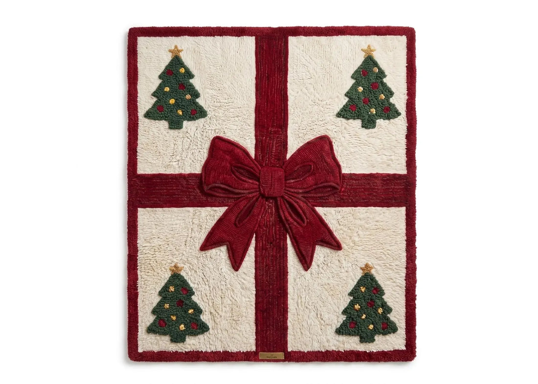 Christmas Gift Rug Holiday Area Rug with Red Bow and Christmas Trees Festive Xmas Carpet for Living Room Bedroom Entryway Decor