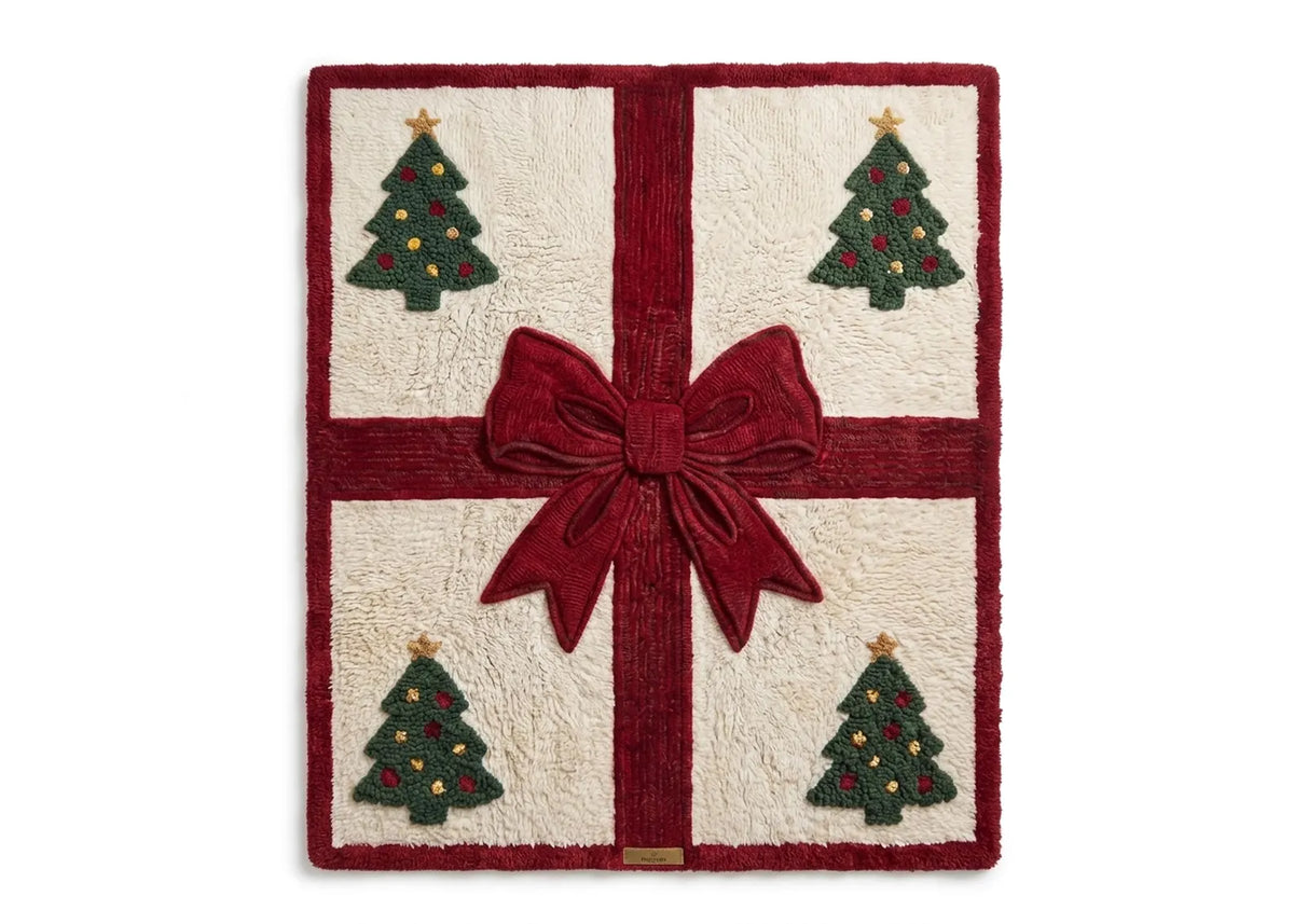 Christmas Gift Rug Holiday Area Rug with Red Bow and Christmas Trees Festive Xmas Carpet for Living Room Bedroom Entryway Decor