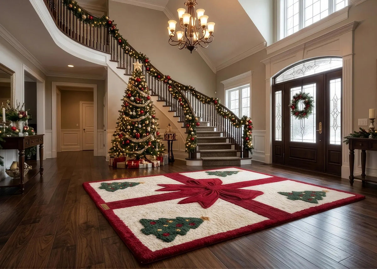 Christmas Gift Rug Holiday Area Rug with Red Bow and Christmas Trees Festive Xmas Carpet for Living Room Bedroom Entryway Decor