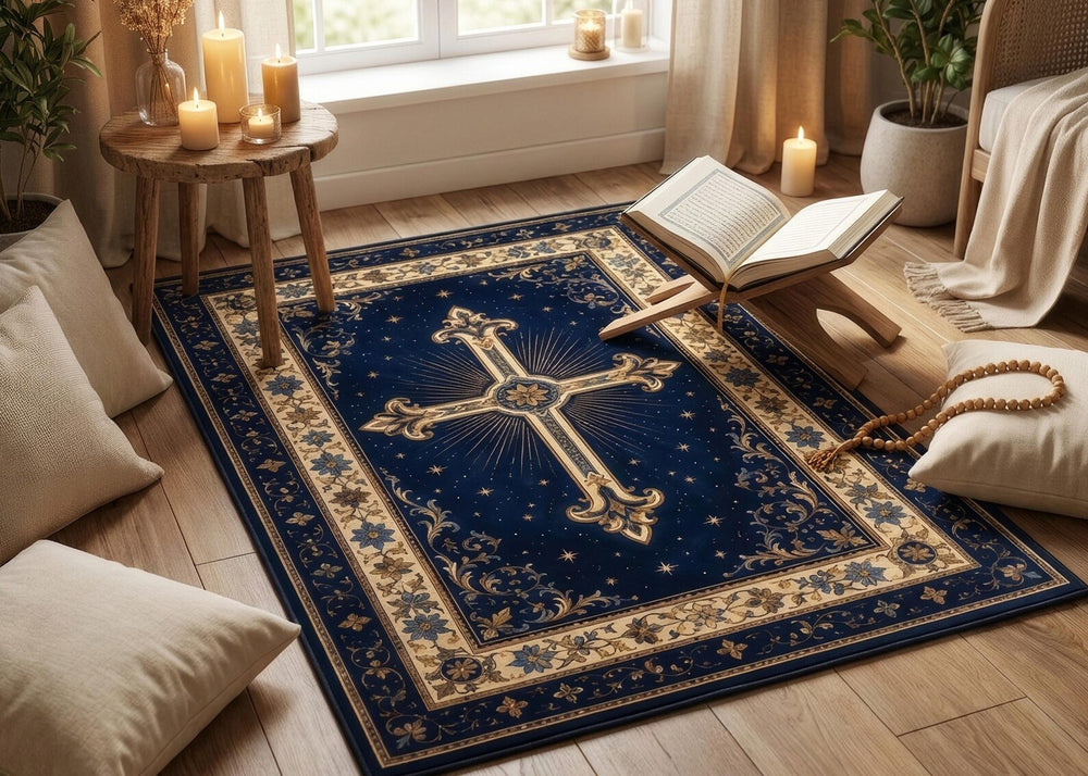 Navy Blue Christian Cross Rug Gold Religious Area Rug Elegant Prayer Room Decor Catholic Home Decor Faith Inspired Carpet Christian Gift