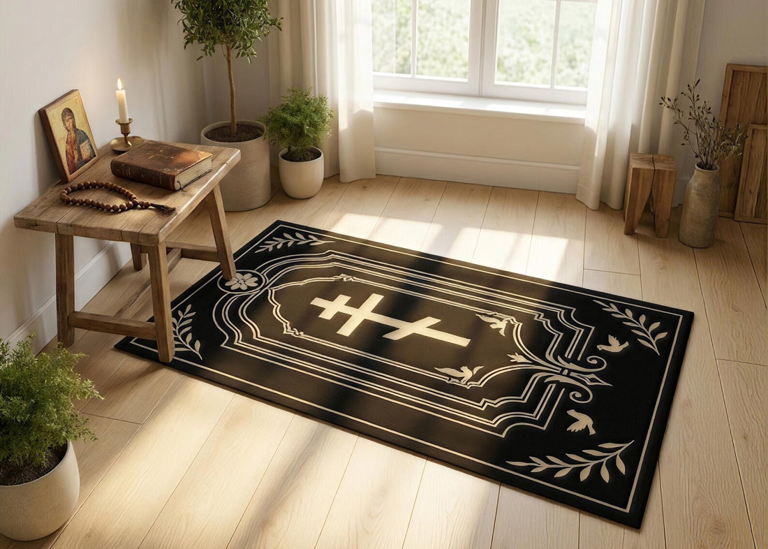 Black Christian Cross Rug Minimalist Religious Area Rug Prayer Room Decor Bible Study Room Carpet Faith Inspired Home Decor Christian Gift