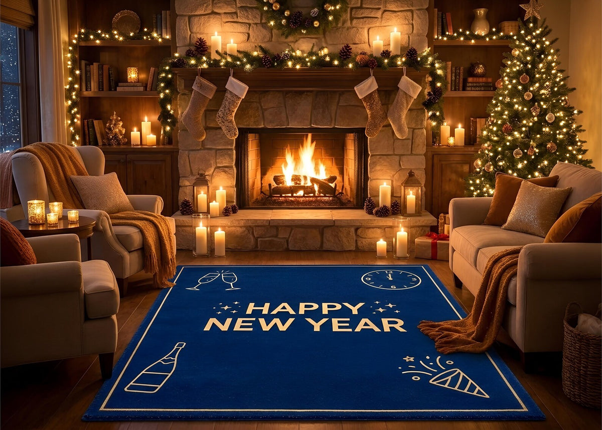 Happy New Year Blue Area Rug Gold New Year Celebration Carpet Festive Living Room Rug New Year Party Decor Custom Holiday Rug