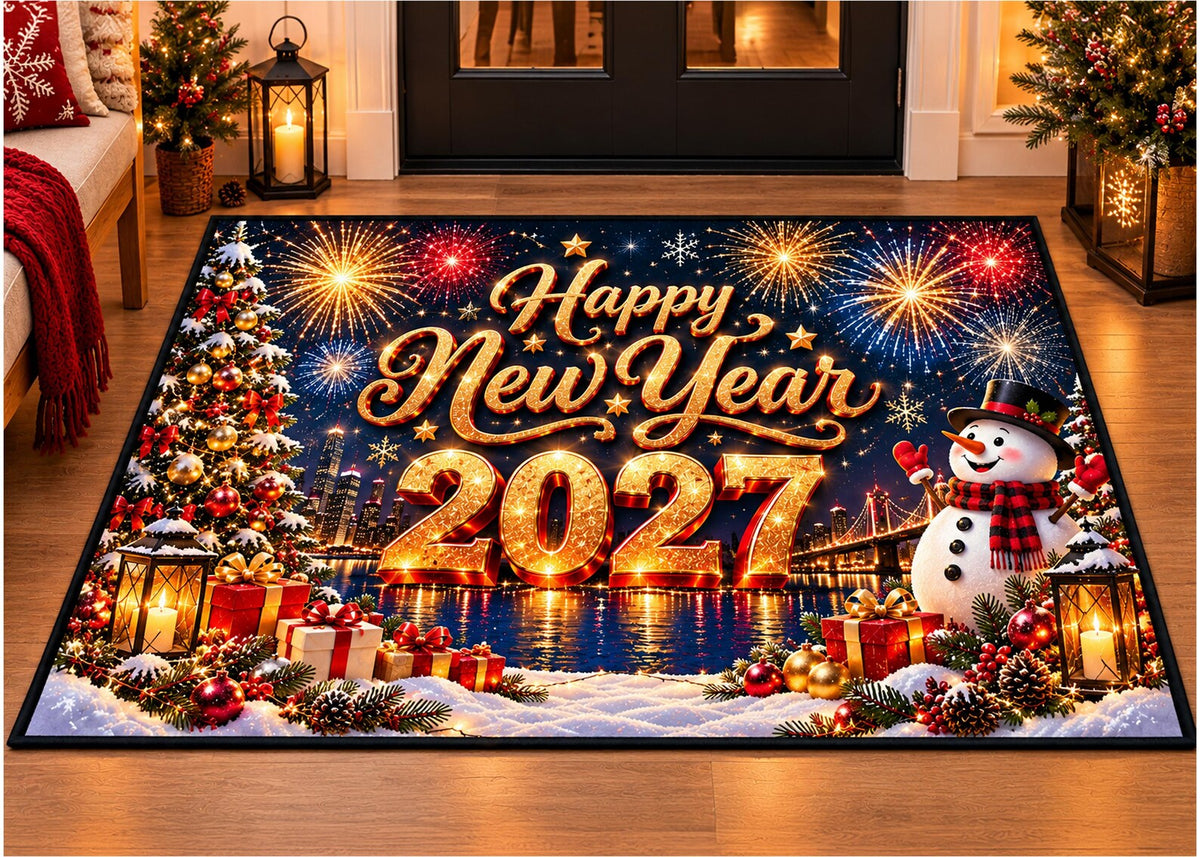 Happy New Year 2027 Rug Festive Christmas Area Rug Fireworks Snowman Carpet Winter Holiday Home Decor New Year Party Decoration