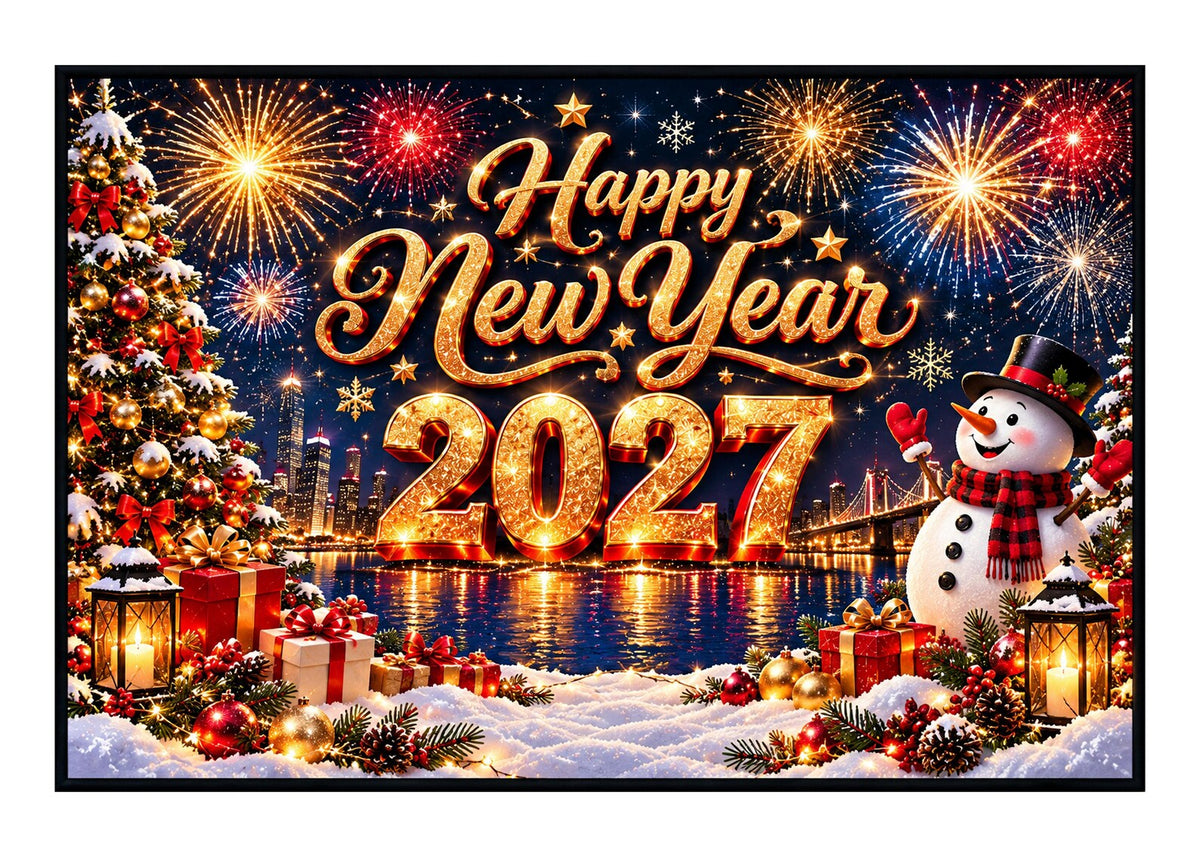 Happy New Year 2027 Rug Festive Christmas Area Rug Fireworks Snowman Carpet Winter Holiday Home Decor New Year Party Decoration