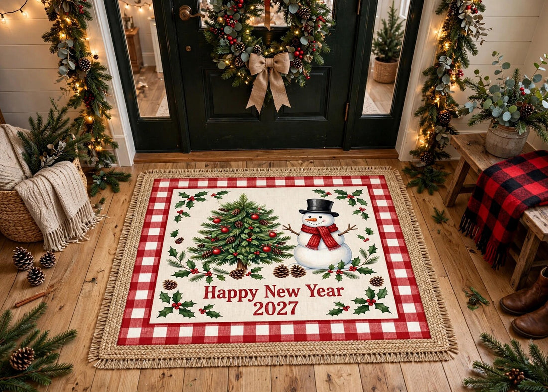 Happy New Year 2027 Rug Christmas Snowman Area Rug Red Buffalo Plaid Holiday Carpet Rustic Winter Home Decor Festive Entryway Rug