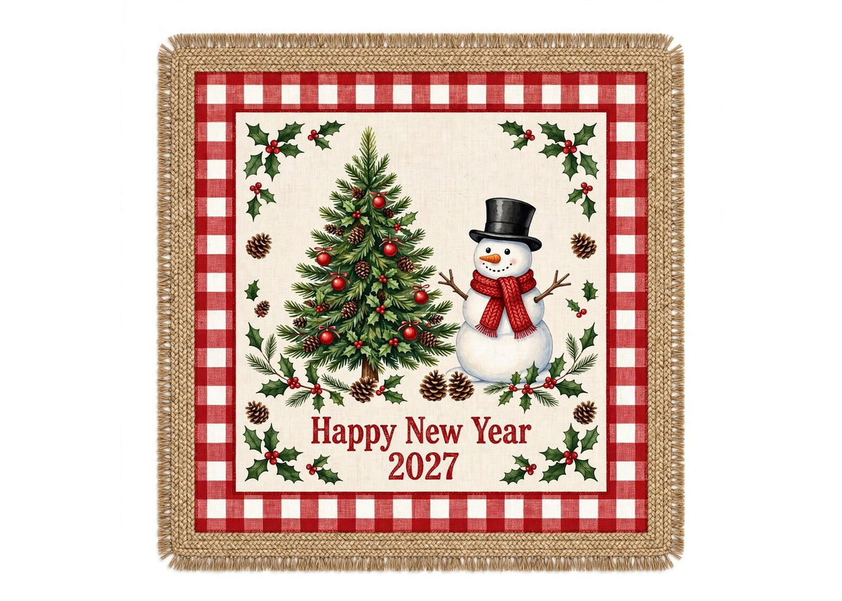 Happy New Year 2027 Rug Christmas Snowman Area Rug Red Buffalo Plaid Holiday Carpet Rustic Winter Home Decor Festive Entryway Rug