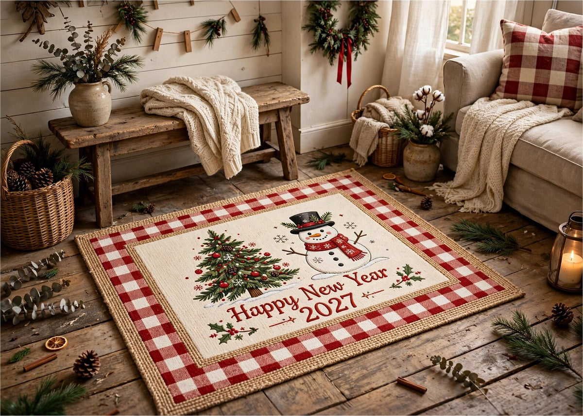 Happy New Year 2027 Rug Christmas Snowman Area Rug Red Buffalo Plaid Holiday Carpet Rustic Winter Home Decor Festive Entryway Rug