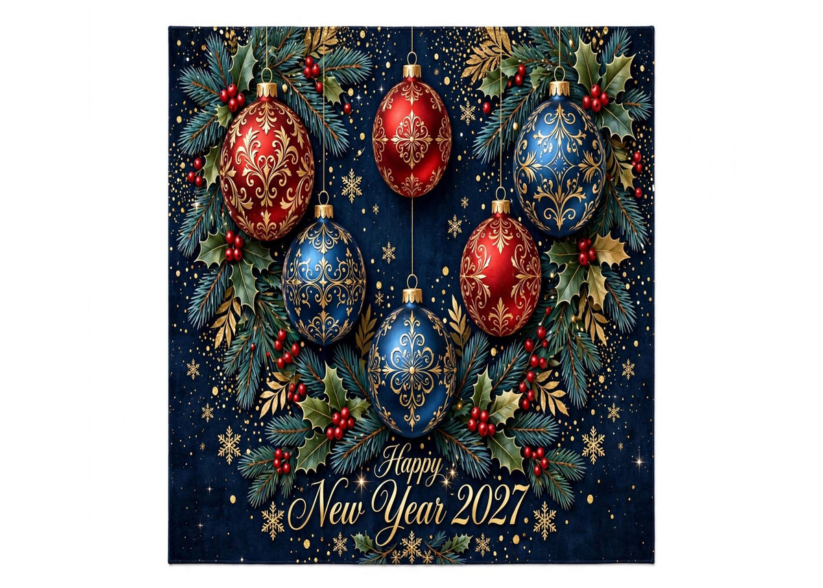 Happy New Year 2027 Rug Navy Blue Christmas Ornament Area Rug Elegant Red Gold Holiday Carpet Festive Winter Home Decor New Year Gift