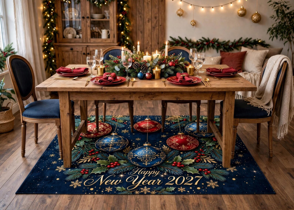 Happy New Year 2027 Rug Navy Blue Christmas Ornament Area Rug Elegant Red Gold Holiday Carpet Festive Winter Home Decor New Year Gift
