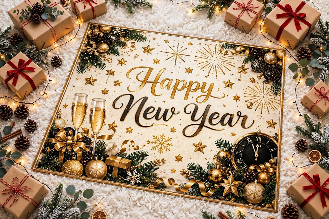 Happy New Year Area Rug Elegant Gold and Black Holiday Carpet Champagne Celebration Rug Fireworks Star Luxury New Year Party Home Decor