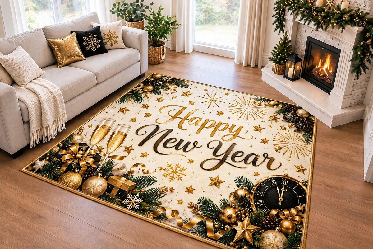 Happy New Year Area Rug Elegant Gold and Black Holiday Carpet Champagne Celebration Rug Fireworks Star Luxury New Year Party Home Decor