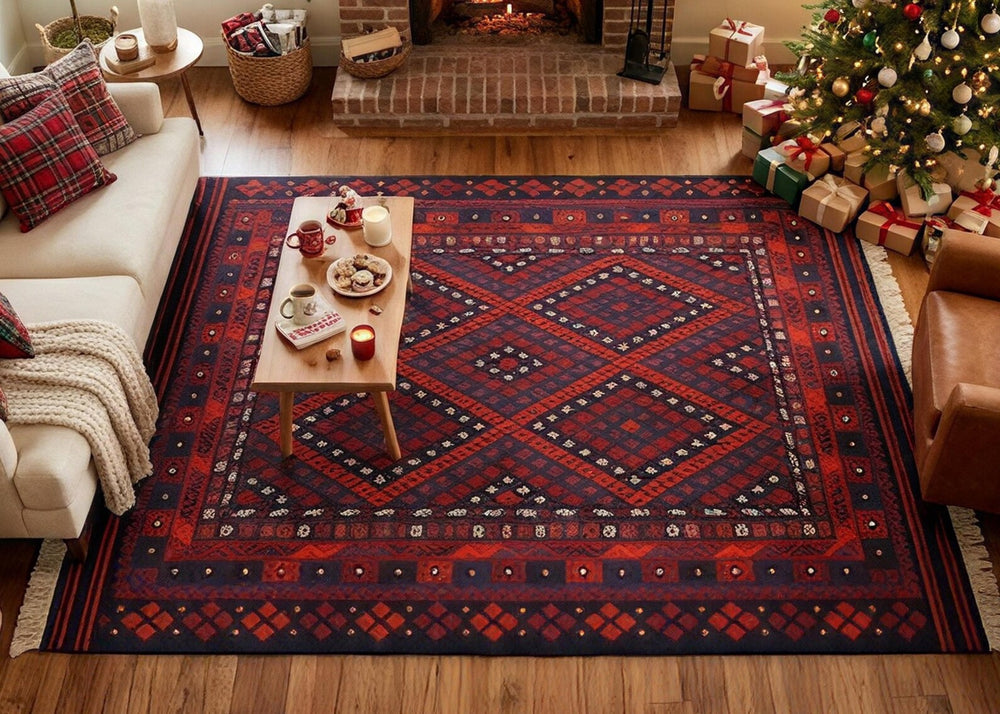 Afghan Area Rug Traditional Red Navy Blue Oriental Carpet Vintage Geometric Non Slip Rug Living Room Persian Style Floor Rug Home Decor