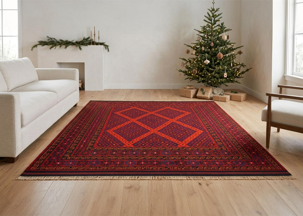Non Slip Afghan Area Rug Red Navy Blue Geometric Carpet Traditional Tribal Rug Vintage Oriental Floor Decor Boho Living Room Rug