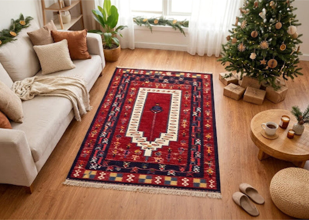 Afghan Tribal Rug Traditional Red Persian Style Area Rug Vintage Boho Carpet Geometric Oriental Rug Non Slip Living Room Deco