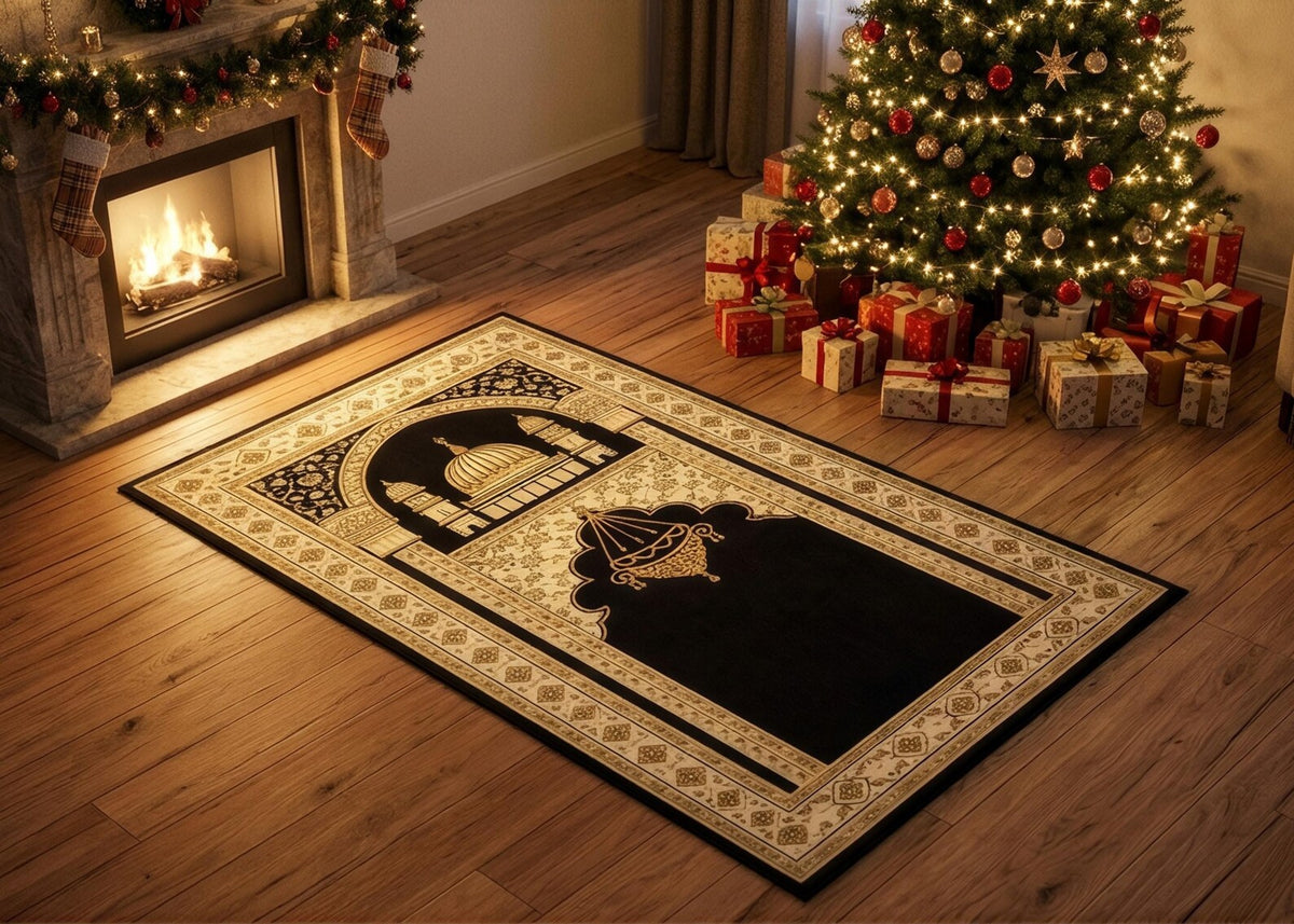 Islamic Prayer Rug Black and Gold Muslim Prayer Mat Mosque Design Sajjadah Islamic Home Decor Luxury Salah Carpet Ramadan Gift Rug