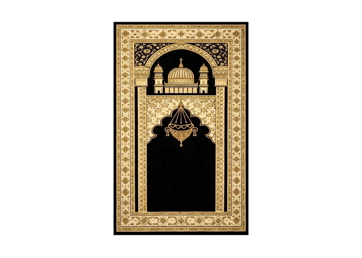 Islamic Prayer Rug Black and Gold Muslim Prayer Mat Mosque Design Sajjadah Islamic Home Decor Luxury Salah Carpet Ramadan Gift Rug