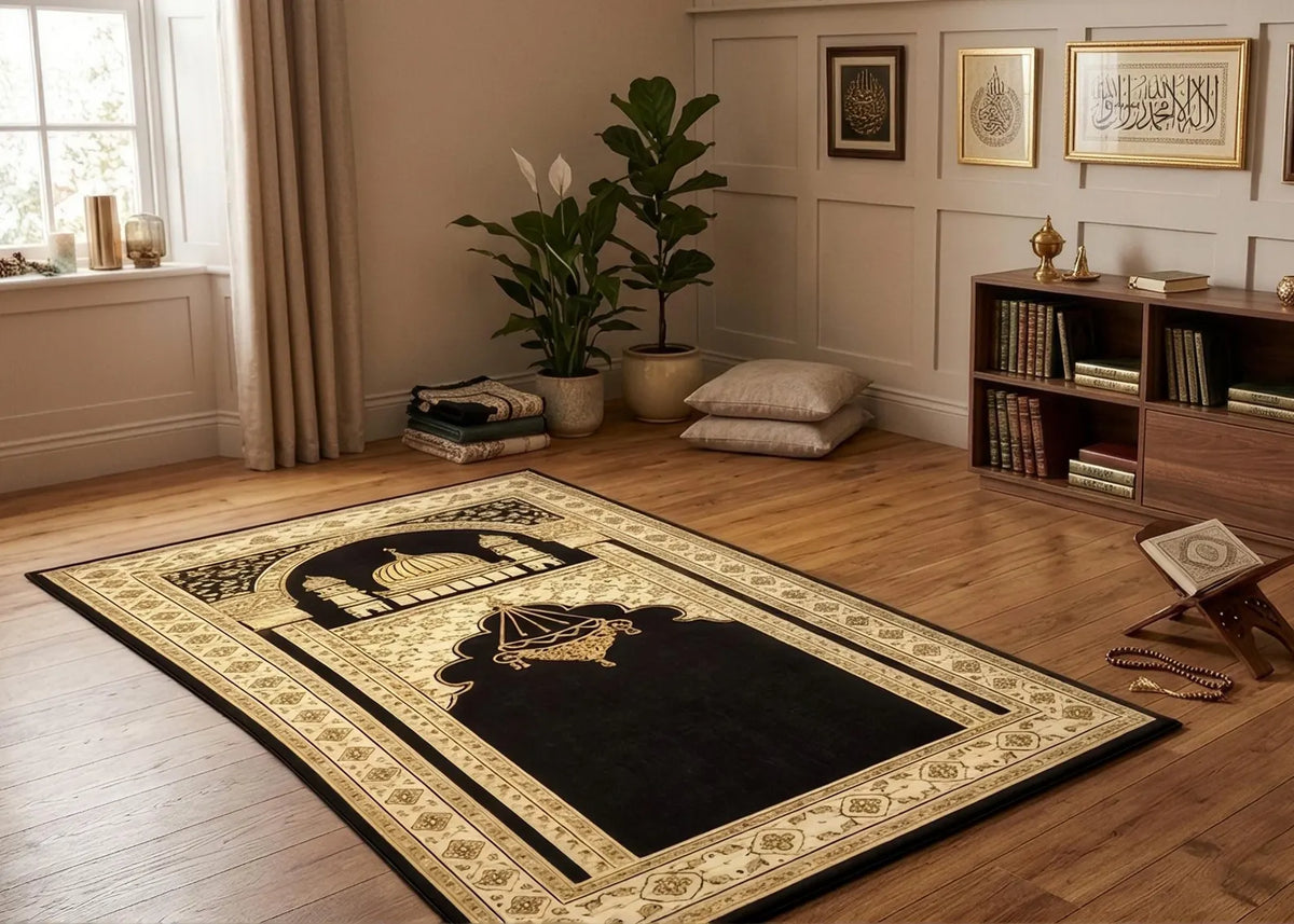 Islamic Prayer Rug Black and Gold Muslim Prayer Mat Mosque Design Sajjadah Islamic Home Decor Luxury Salah Carpet Ramadan Gift Rug