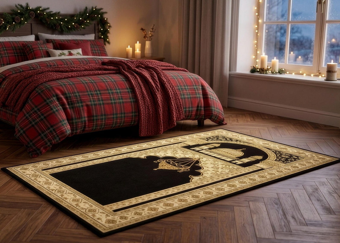 Islamic Prayer Rug Black and Gold Muslim Prayer Mat Mosque Design Sajjadah Islamic Home Decor Luxury Salah Carpet Ramadan Gift Rug