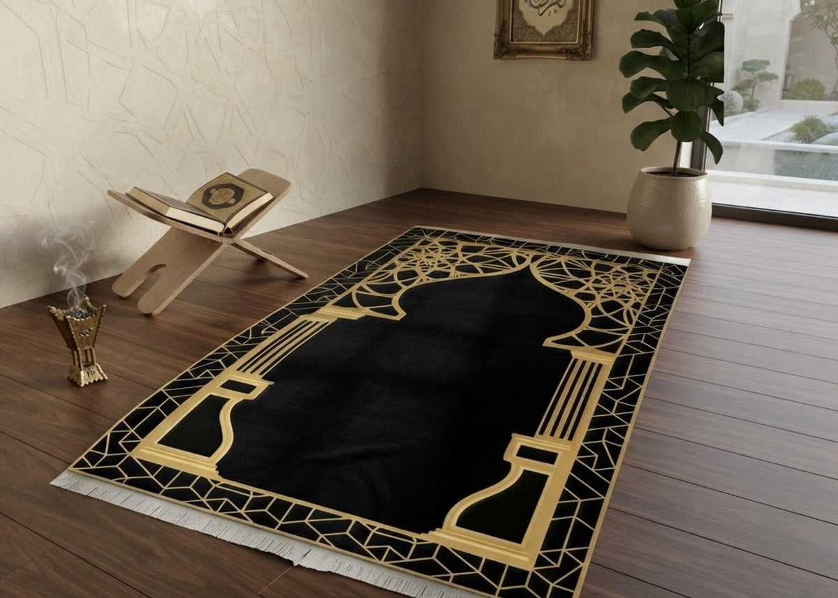 Luxury Black and Gold Islamic Prayer Rug Modern Muslim Prayer Mat Elegant Janamaz Geometric Salah Carpet Ramadan Gift Islamic Home Decor