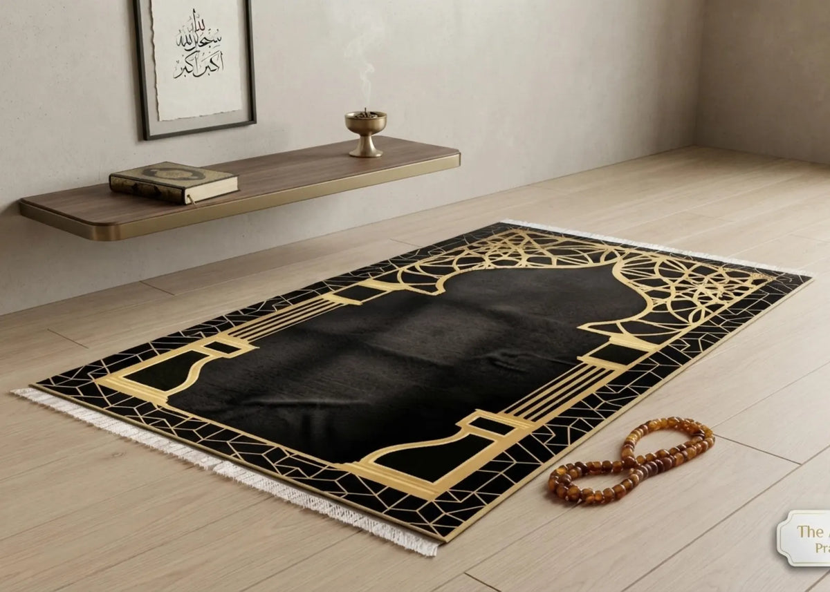 Luxury Black and Gold Islamic Prayer Rug Modern Muslim Prayer Mat Elegant Janamaz Geometric Salah Carpet Ramadan Gift Islamic Home Decor