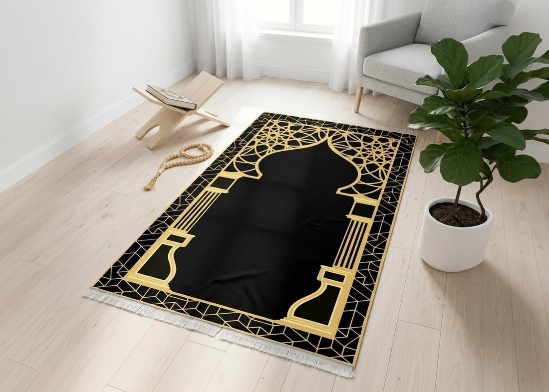 Luxury Black and Gold Islamic Prayer Rug Modern Muslim Prayer Mat Elegant Janamaz Geometric Salah Carpet Ramadan Gift Islamic Home Decor