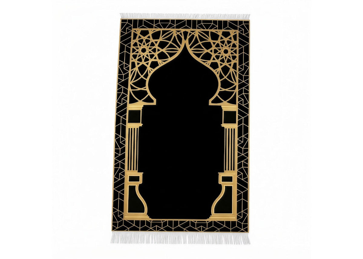 Luxury Black and Gold Islamic Prayer Rug Modern Muslim Prayer Mat Elegant Janamaz Geometric Salah Carpet Ramadan Gift Islamic Home Decor